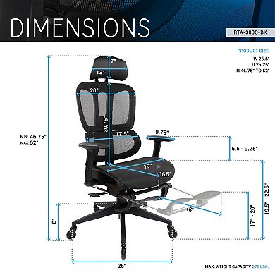 Techni Mobili Ultimate Reclining Ergonomic Mesh Office Chair with Lumbar Support and Footrest