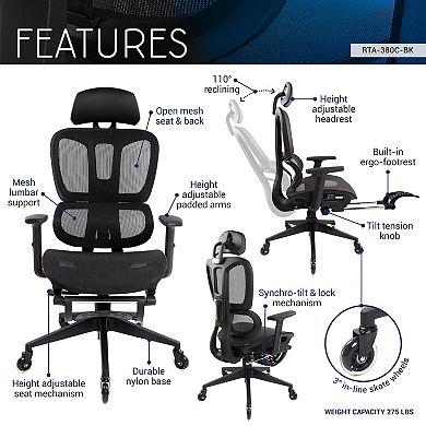 Techni Mobili Ultimate Reclining Ergonomic Mesh Office Chair with Lumbar Support and Footrest