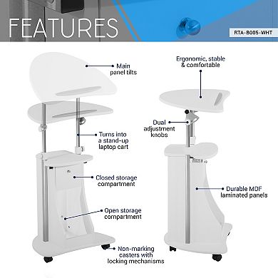 Techni Mobili Sit-to-Stand Rolling Adjustable Laptop Cart With Storage