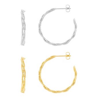 PRIMROSE 2-Pair Fine Silver & 14k Gold Flash-Plated Textured Twist C-Hoop Earring Set