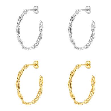 PRIMROSE 2-Pair Fine Silver and 14k Gold Flash-Plated Textured Twist C-Hoop Earring Set