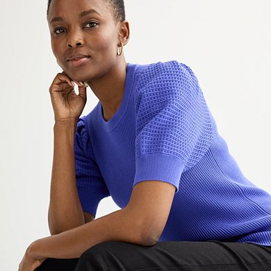 Petite Nine West Ribbed Crewneck Short Sleeve Sweater