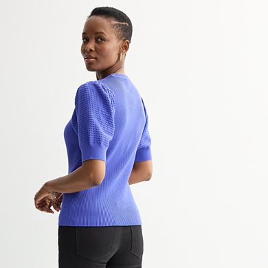 Petite Nine West Ribbed Crewneck Short Sleeve Sweater