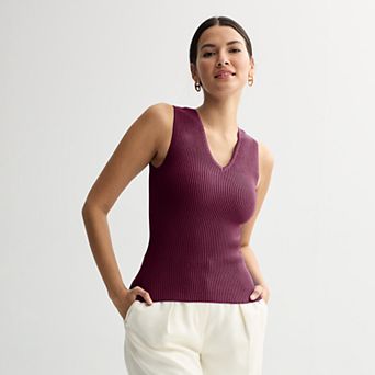 Petite Nine West Ribbed V-Neck Basic Tank Top