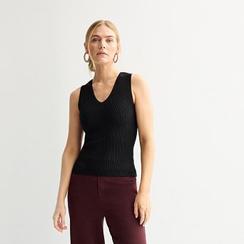 Petite Nine West Ribbed V-Neck Basic Tank Top