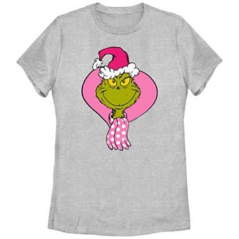 Juniors' Dr. Seuss Grinch Pink Santa Hat And Scarf Graphic Tee