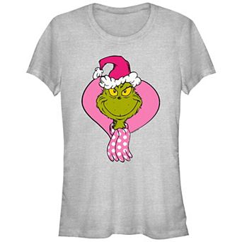 Juniors' Dr. Seuss Grinch Pink Santa Hat And Scarf Fitted Graphic Tee