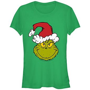 Juniors' Dr. Seuss Grinch Wearing Santa Hat Fitted Graphic Tee
