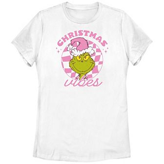 Juniors' Dr. Seuss Grinch Pink Christmas Vibes Graphic Tee