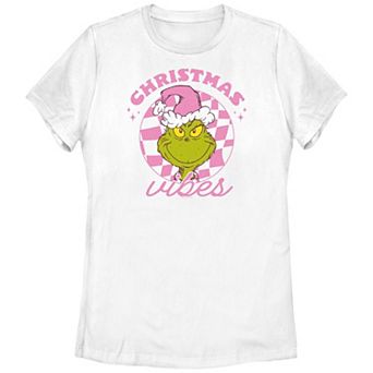 Juniors' Dr. Seuss Grinch Pink Christmas Vibes Graphic Tee