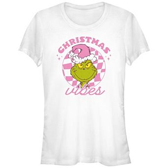 Juniors' Dr. Seuss Grinch Pink Christmas Vibes Fitted Graphic Tee