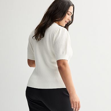Plus Size Nine West Open Stitch Short Sleeve Sweater Tee