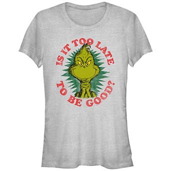 Juniors' Dr. Seuss Grinch Is It Too Late To Be Good Fitted Graphic Tee
