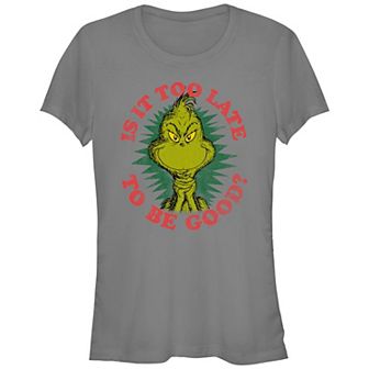 Juniors' Dr. Seuss Grinch Is It Too Late To Be Good Fitted Graphic Tee