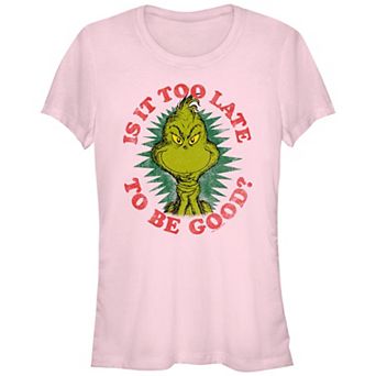 Juniors' Dr. Seuss Grinch Is It Too Late To Be Good Fitted Graphic Tee