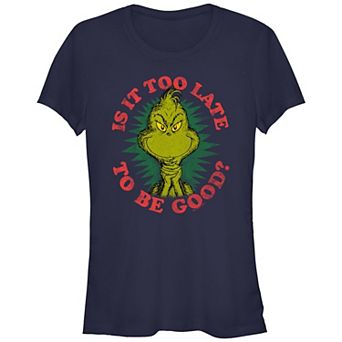 Juniors' Dr. Seuss Grinch Is It Too Late To Be Good Fitted Graphic Tee