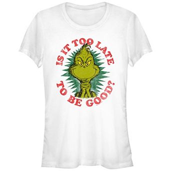 Juniors' Dr. Seuss Grinch Is It Too Late To Be Good Fitted Graphic Tee