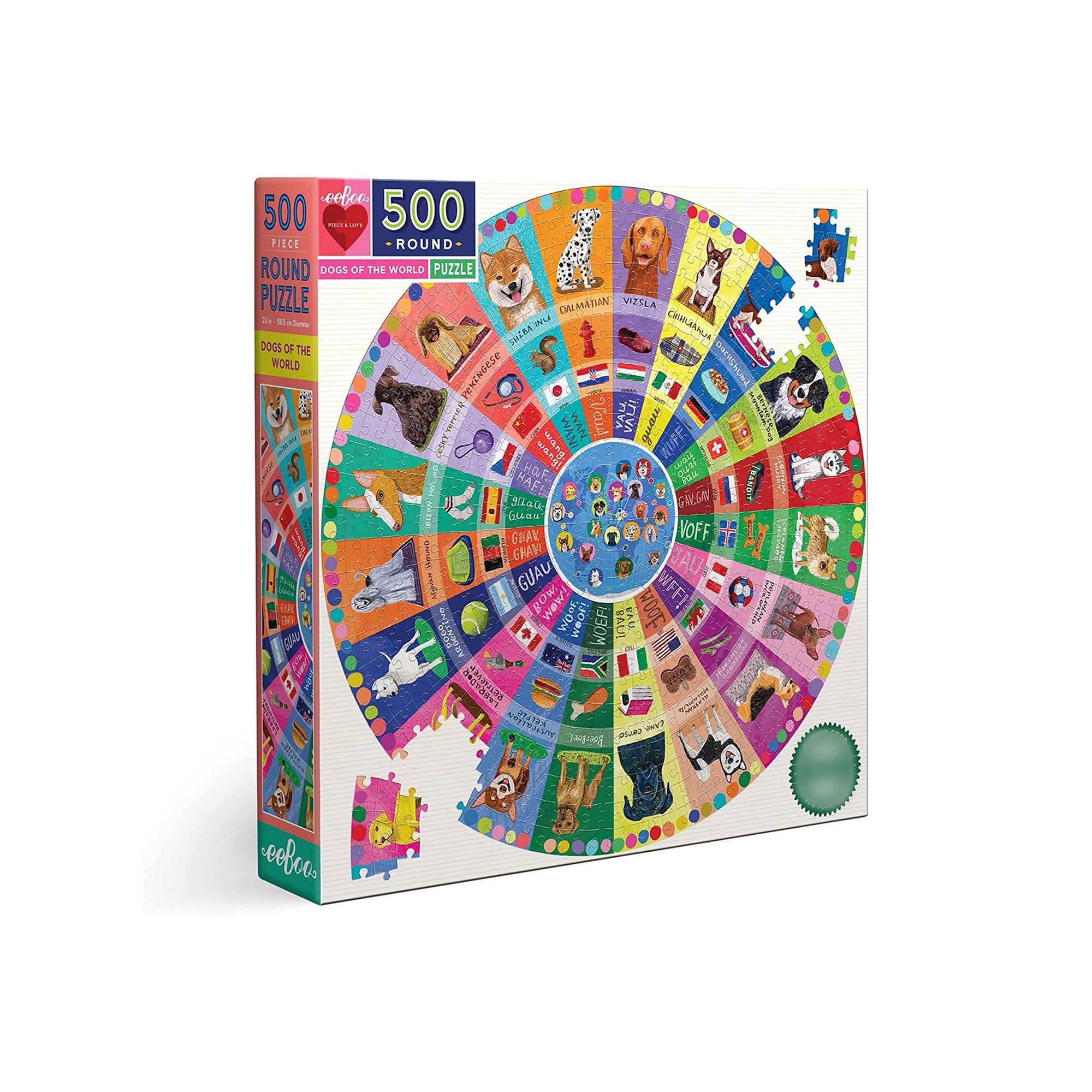 eeboo Piece and Love Dogs of the World 500 Piece Round Family Jigsaw Puzzle
