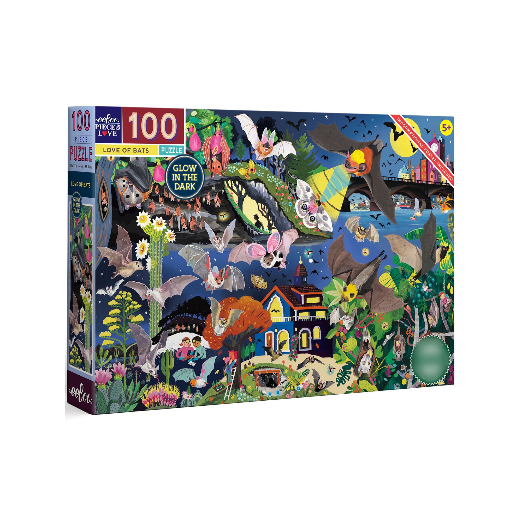 eeboo Love of Bats Glow in the Dark 100 Piece Jigsaw Puzzle, Multi