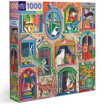 eeBoo Piece & Love: Cats In Window - 1000 pc Puzzle Square Jigsaw Puzzle, 23x23"