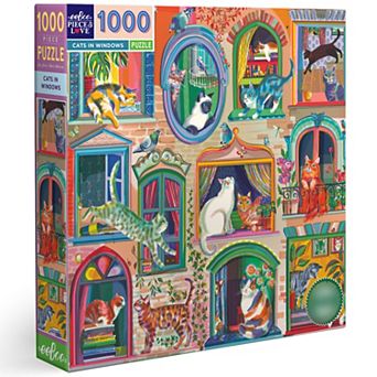 eeBoo Piece & Love: Cats In Window - 1000 pc Puzzle Square Jigsaw Puzzle, 23x23"