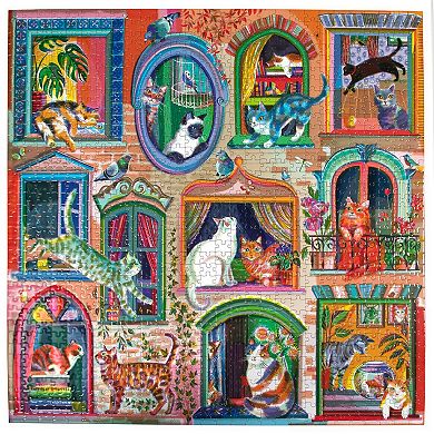 eeBoo Piece & Love: Cats In Window - 1000 Piece Puzzle Square Jigsaw Puzzle, 23x23"