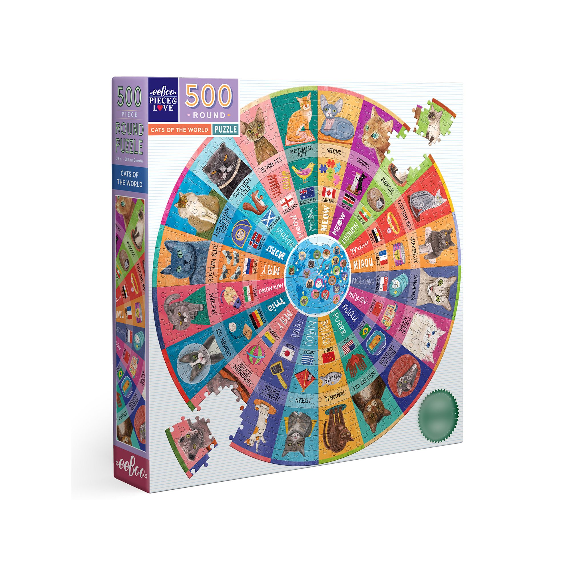 eeBoo Piece & Love: Cats of the World - 500 Piece Puzzle Round Jigsaw Puzz