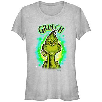 Juniors' Dr. Seuss Grinch Airbrush Background Fitted Graphic Tee