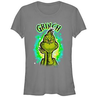 Juniors' Dr. Seuss Grinch Airbrush Background Fitted Graphic Tee