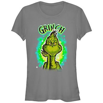 Juniors' Dr. Seuss Grinch Airbrush Background Fitted Graphic Tee