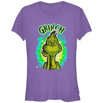 Juniors' Dr. Seuss Grinch Airbrush Background Fitted Graphic Tee