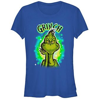 Juniors' Dr. Seuss Grinch Airbrush Background Fitted Graphic Tee