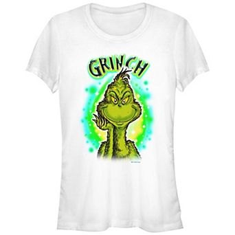 Juniors' Dr. Seuss Grinch Airbrush Background Fitted Graphic Tee