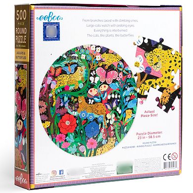 eeBoo Piece & Love: Jaguars & Butterflies - 500 Piece Puzzle Round Jigsaw Puzzle, 23"