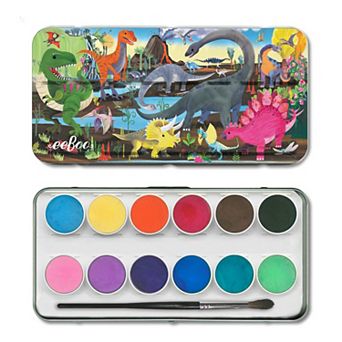 eeBoo Dinosaur 12 Watercolors - Paint Set w/ High Quality Brush, Beautiful Design Tin Box