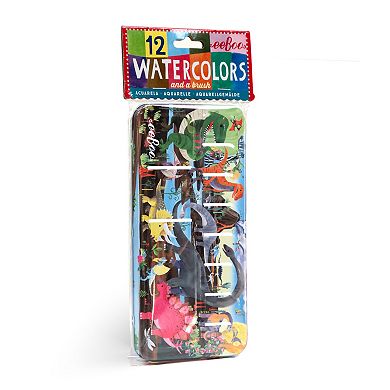 eeBoo Dinosaur 12 Watercolors - Paint Set w/ High Quality Brush, Beautiful Design Tin Box