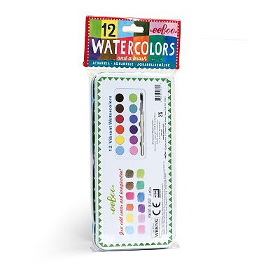 eeBoo Dinosaur 12 Watercolors - Paint Set w/ High Quality Brush, Beautiful Design Tin Box