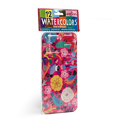 eeBoo Birds in Fuchsia 12 Watercolors - Paint Set w/ High Quality Brush, Beautiful Design Tin Box