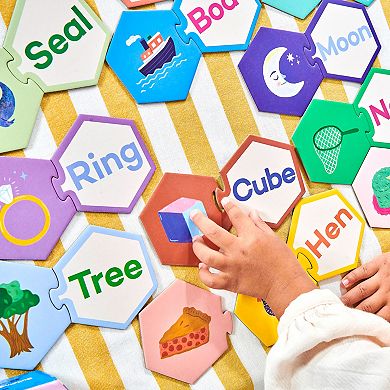 eeBoo Hexagon Puzzle Pairs - Simple Words - 33 Pairs, Match Pictures To Letters, A Pre-Reading Activity