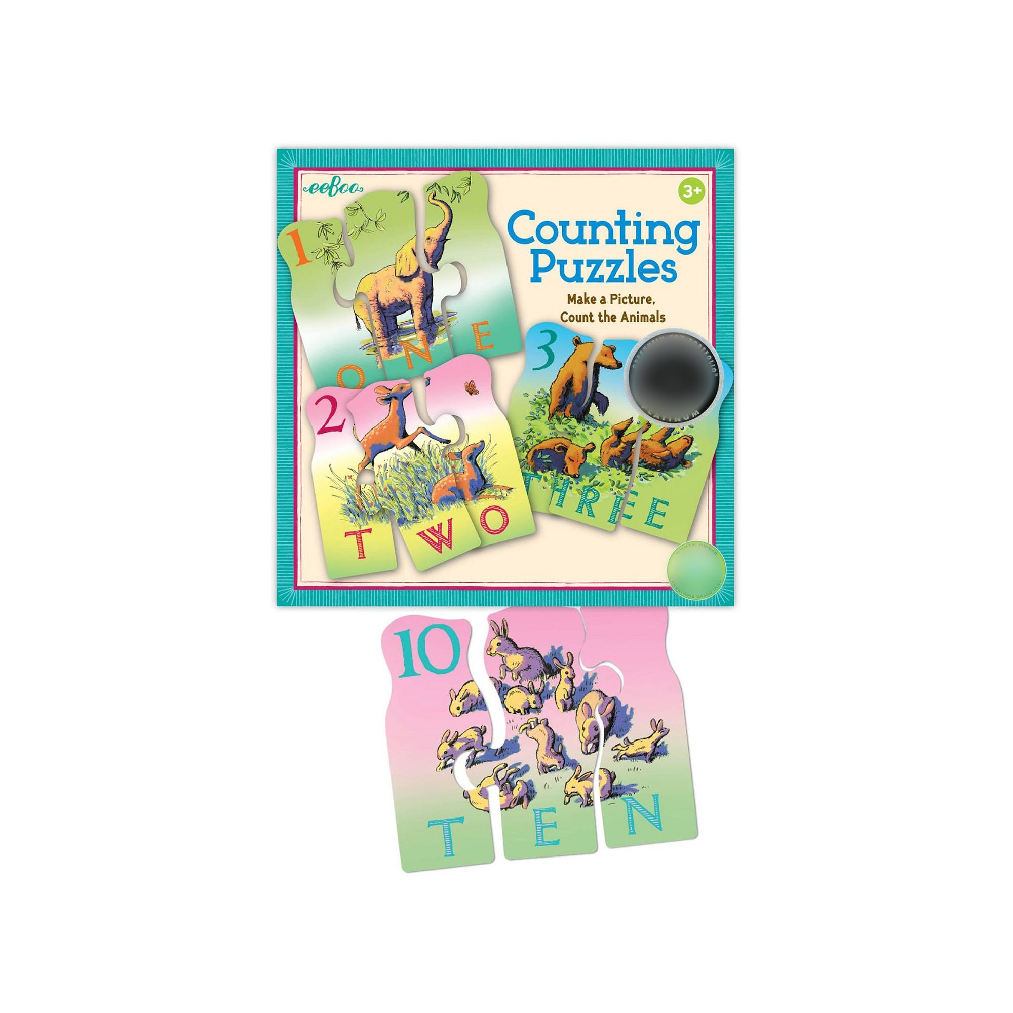 eeboo Animal Counting Puzzle 10 Puzzles Set, Multi