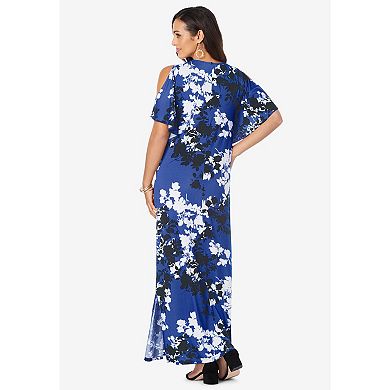 Jessica London Women's Plus Size Stretch Knit Cold Shoulder Maxi Dress