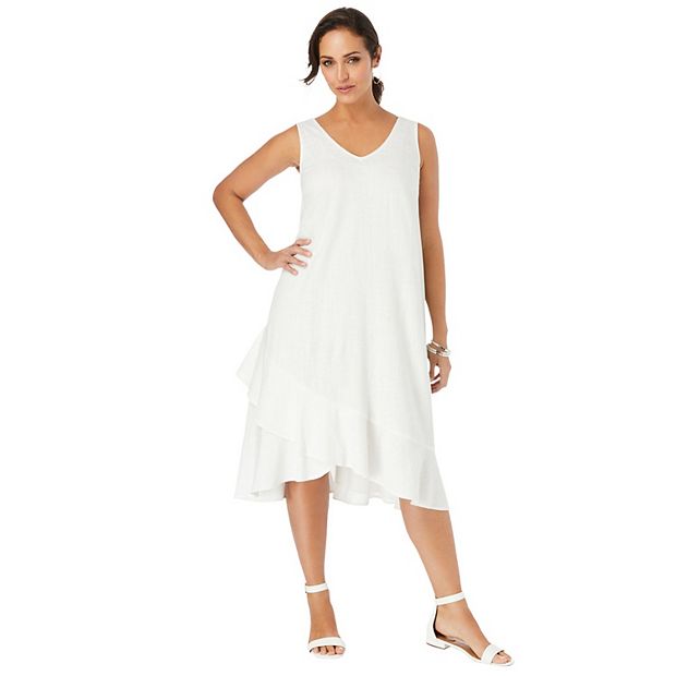Jessica London Linen Flounce Dress - 12 W, Raspberry
