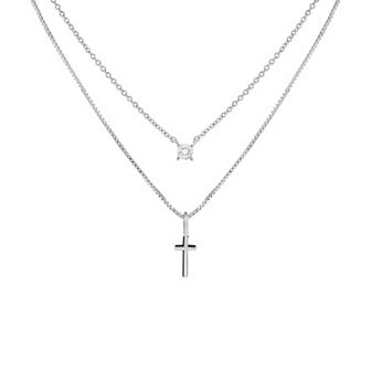 PRIMROSE Silver Tone Round Cubic Zirconia & Polished Cross Double Layer Necklace