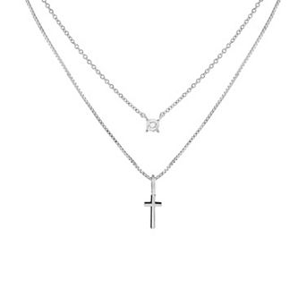 PRIMROSE Silver Tone Round Cubic Zirconia & Polished Cross Double Layer Necklace