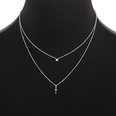 PRIMROSE Silver Tone Round Cubic Zirconia & Polished Cross Double Layer Necklace