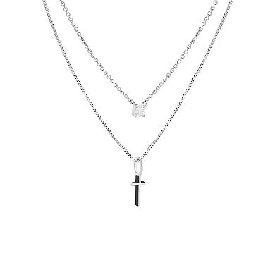 PRIMROSE Silver Tone Round Cubic Zirconia & Polished Cross Double Layer Necklace