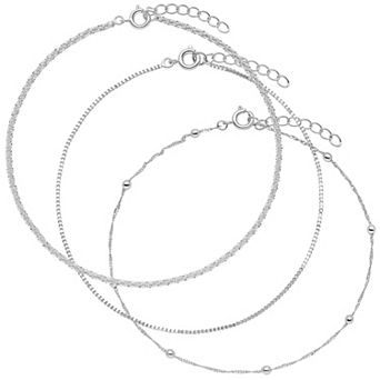 PRIMROSE Fine Silver Plated Beads Station Singapore, Herringbone & Sparkle Chain Anklet Trio Set