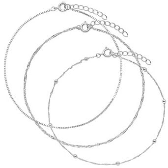 PRIMROSE Silver Tone Beads Station Singapore Chain, Box Chain & Singapore Chain Anklet Trio Set