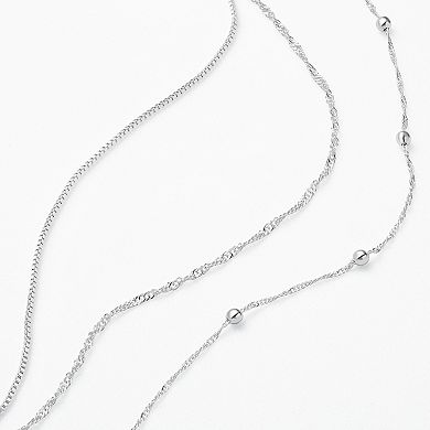 PRIMROSE Silver Tone Beads Station Singapore Chain, Box Chain & Singapore Chain Anklet Trio Set