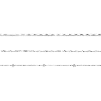 PRIMROSE Silver Tone Beads Station Singapore Chain, Box Chain & Singapore Chain Anklet Trio Set